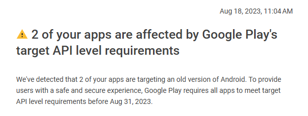 Google Play Store developer warning about updating the API version in the manifest