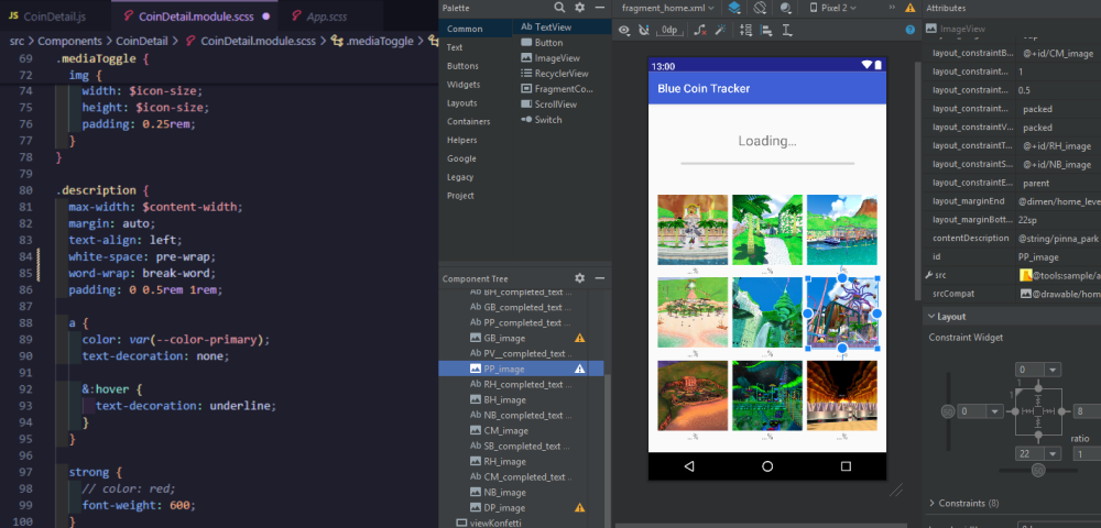 VS Code styling compared with Android Studio's visual layout editor